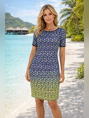 PLANET - Geo print Navy and Chartreuse dress. 10 - P2P 19". 40" long.